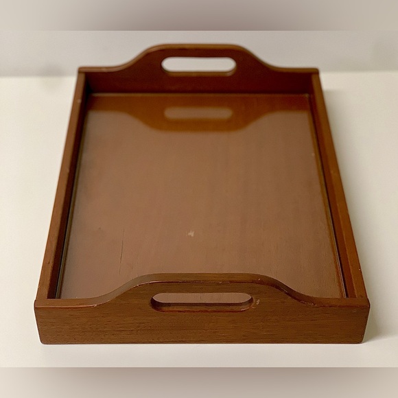 Mid Century Vintage Handled Glass Surface Dovetail Jointed Hardwood Tray - Picture 2 of 16